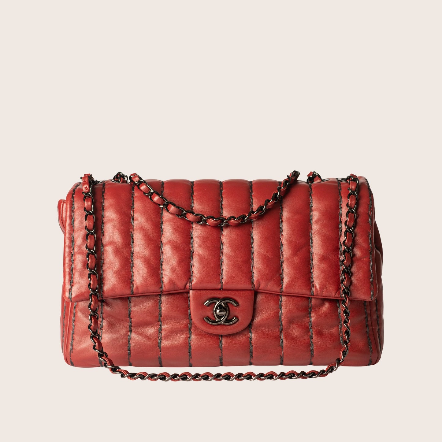Chanel Vertical Stitch Flap Bag in Quilted Red Lambskin