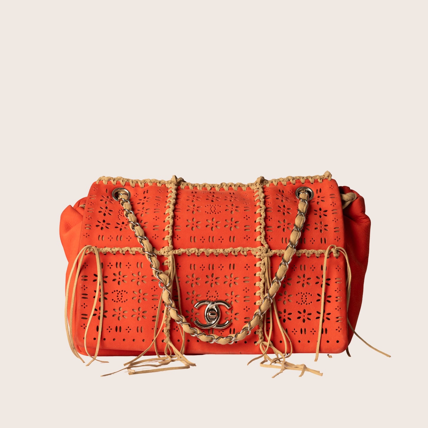 Chanel Orange Laser Cut Perforated Leather Fringe Flap Bag