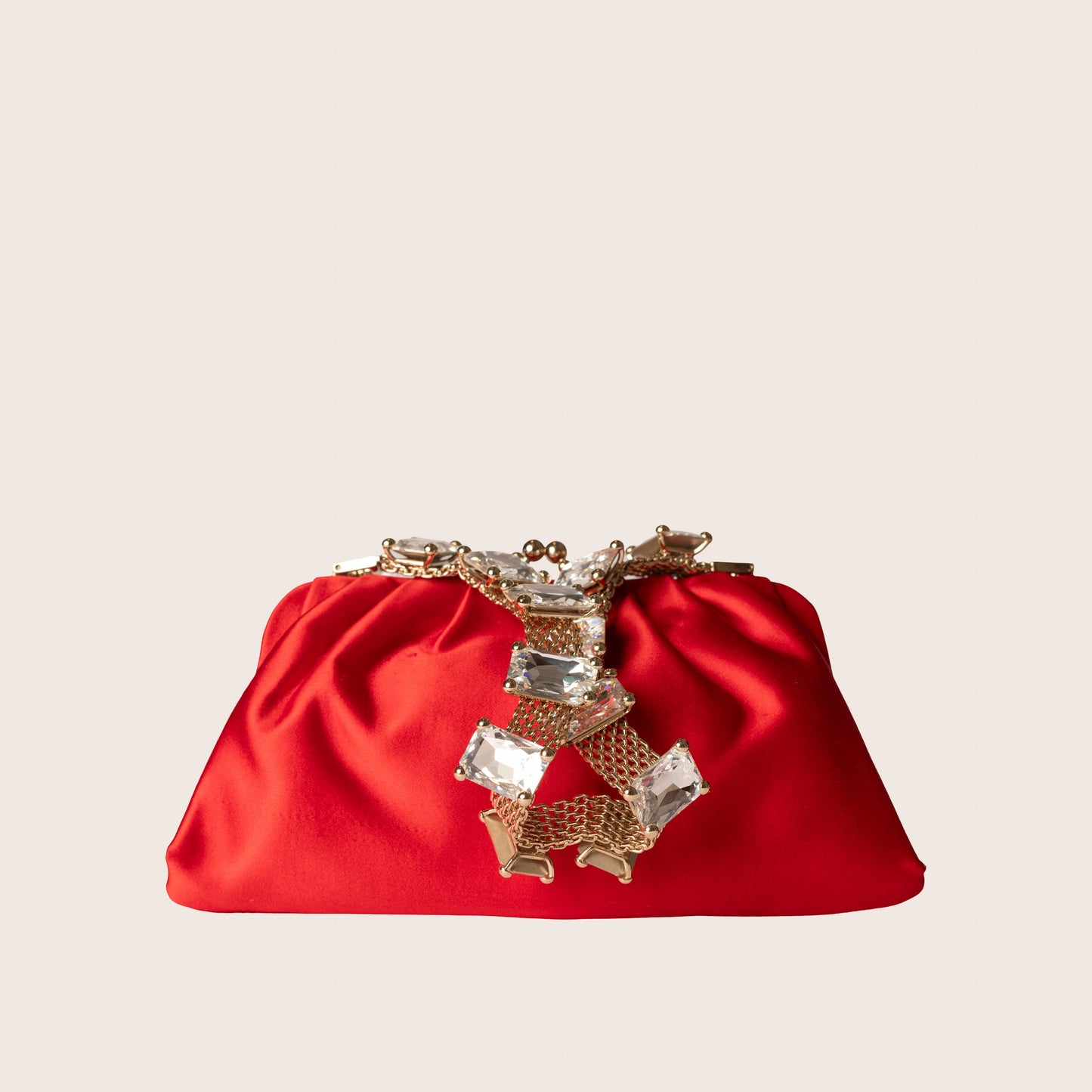 Valentino Red Satin Clutch with Crystal Strap Detail