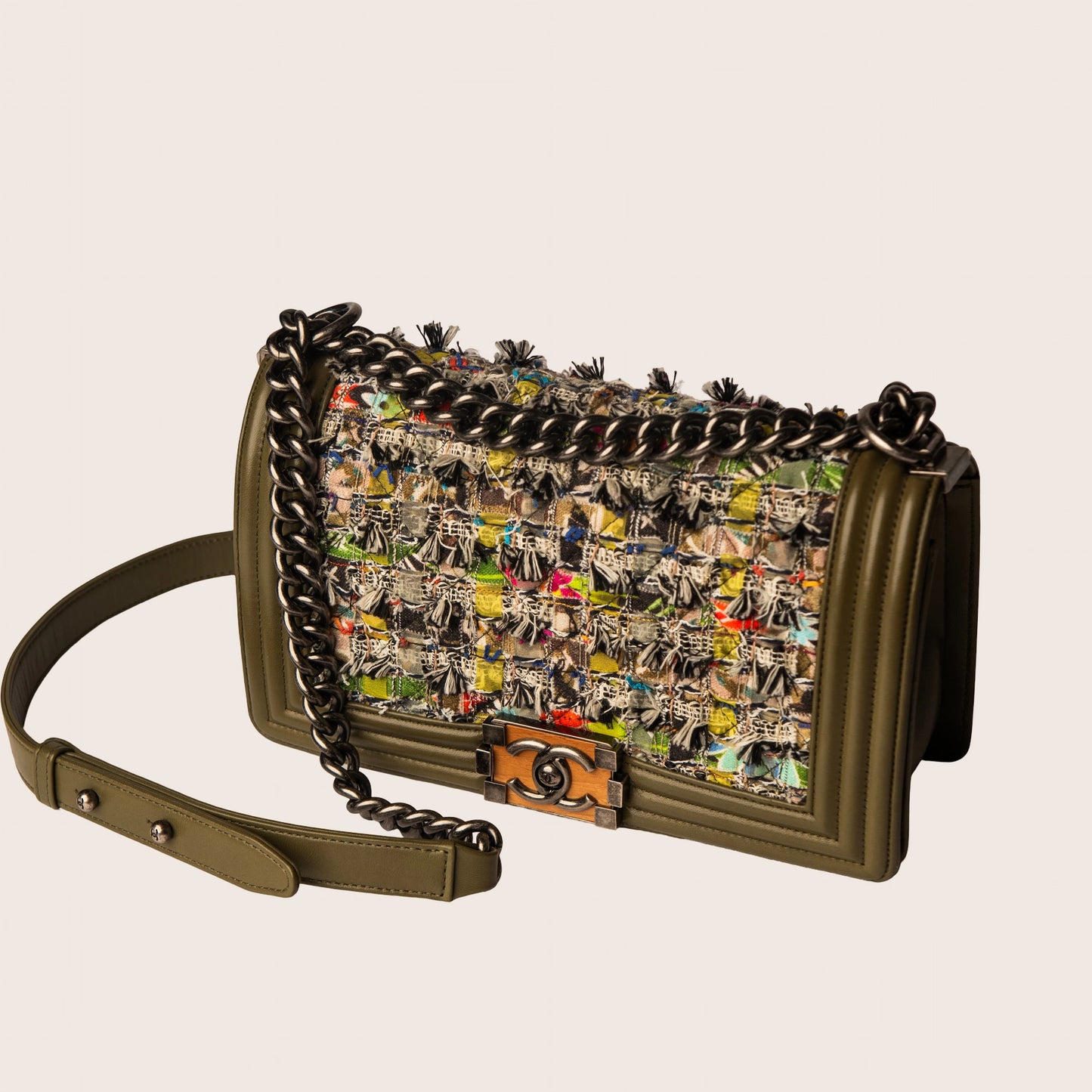 Chanel Boy Bag Khaki Leather & Multicolor Tweed
