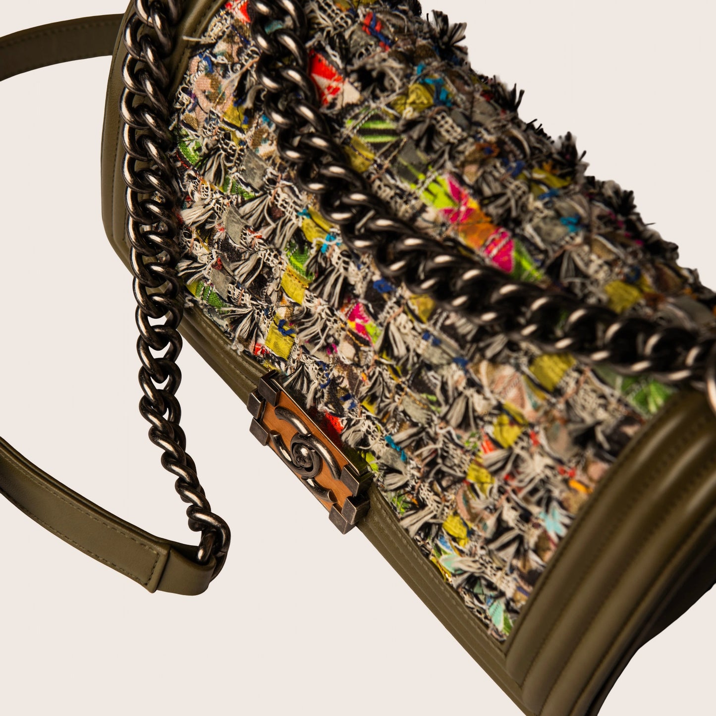 Chanel Boy Bag Khaki Leather & Multicolor Tweed
