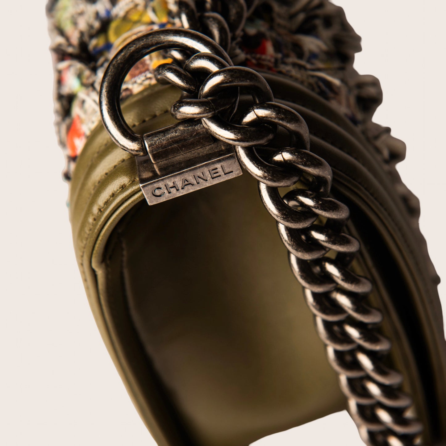 Chanel Boy Bag Khaki Leather & Multicolor Tweed