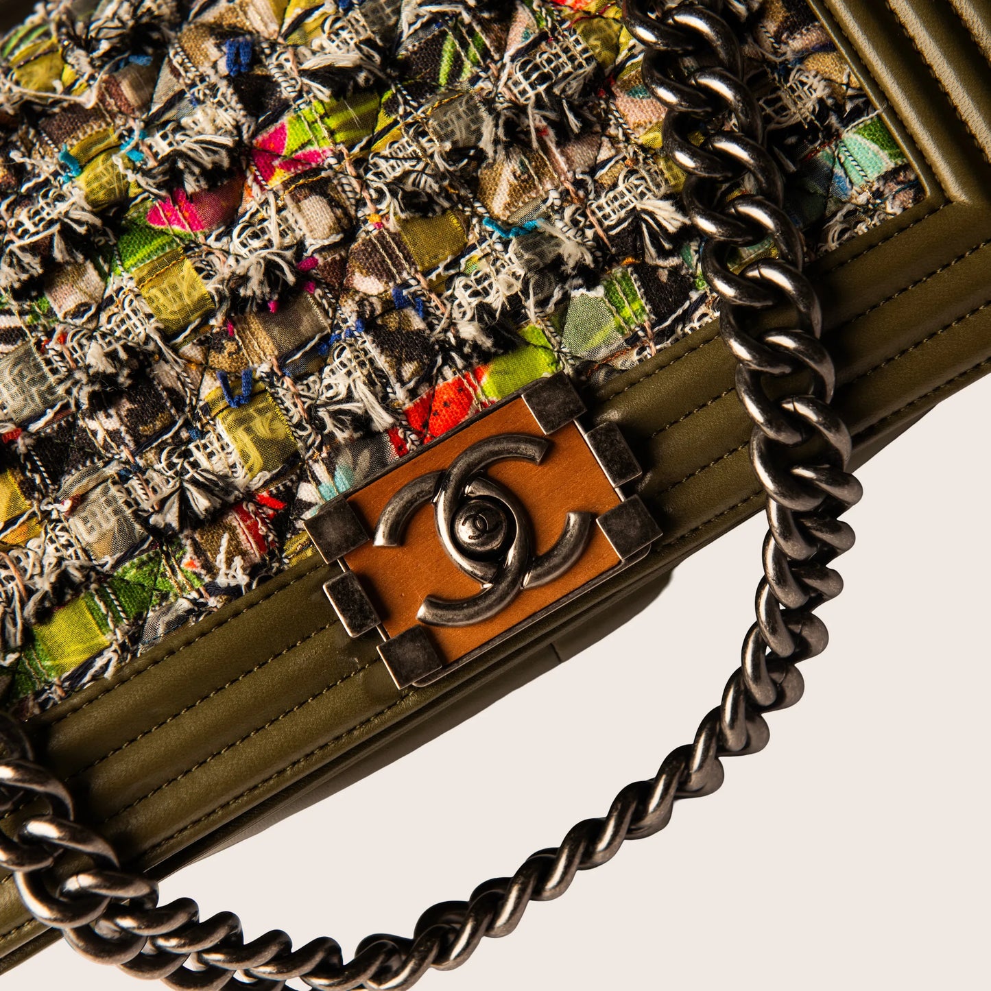 Chanel Boy Bag Khaki Leather & Multicolor Tweed