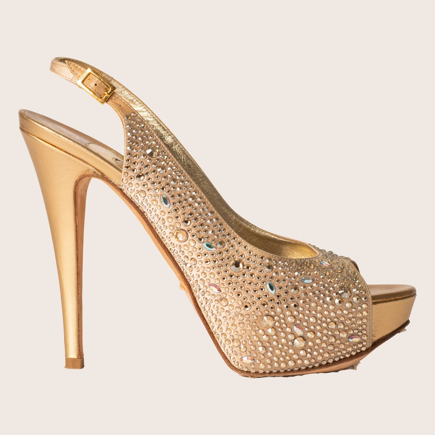 Gina Gold Crystal Embellished Satin Open-Toe Slingback Sandals