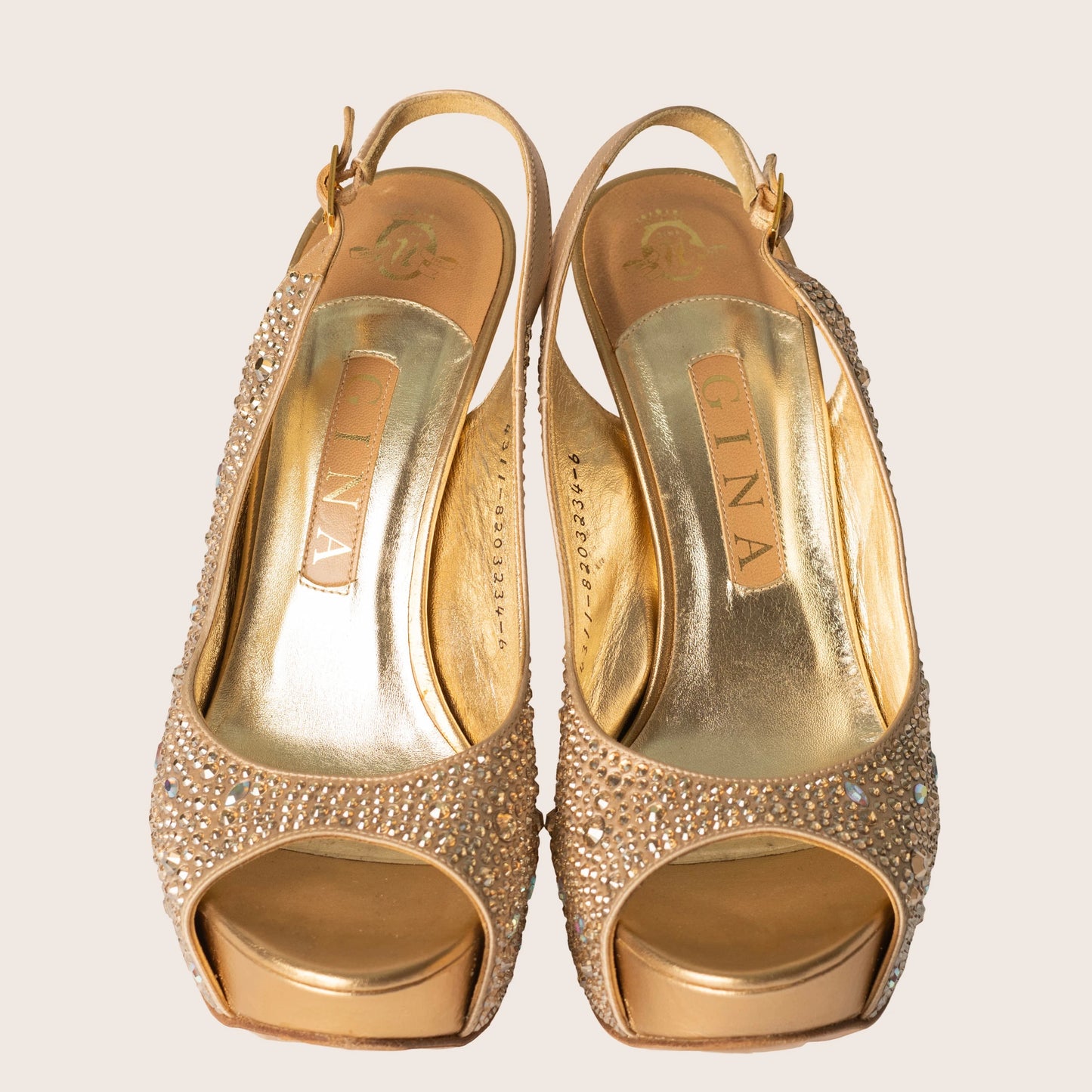 Gina Gold Crystal Embellished Satin Open-Toe Slingback Sandals