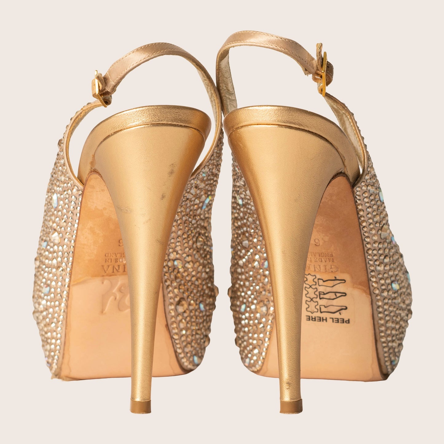 Gina Gold Crystal Embellished Satin Open-Toe Slingback Sandals