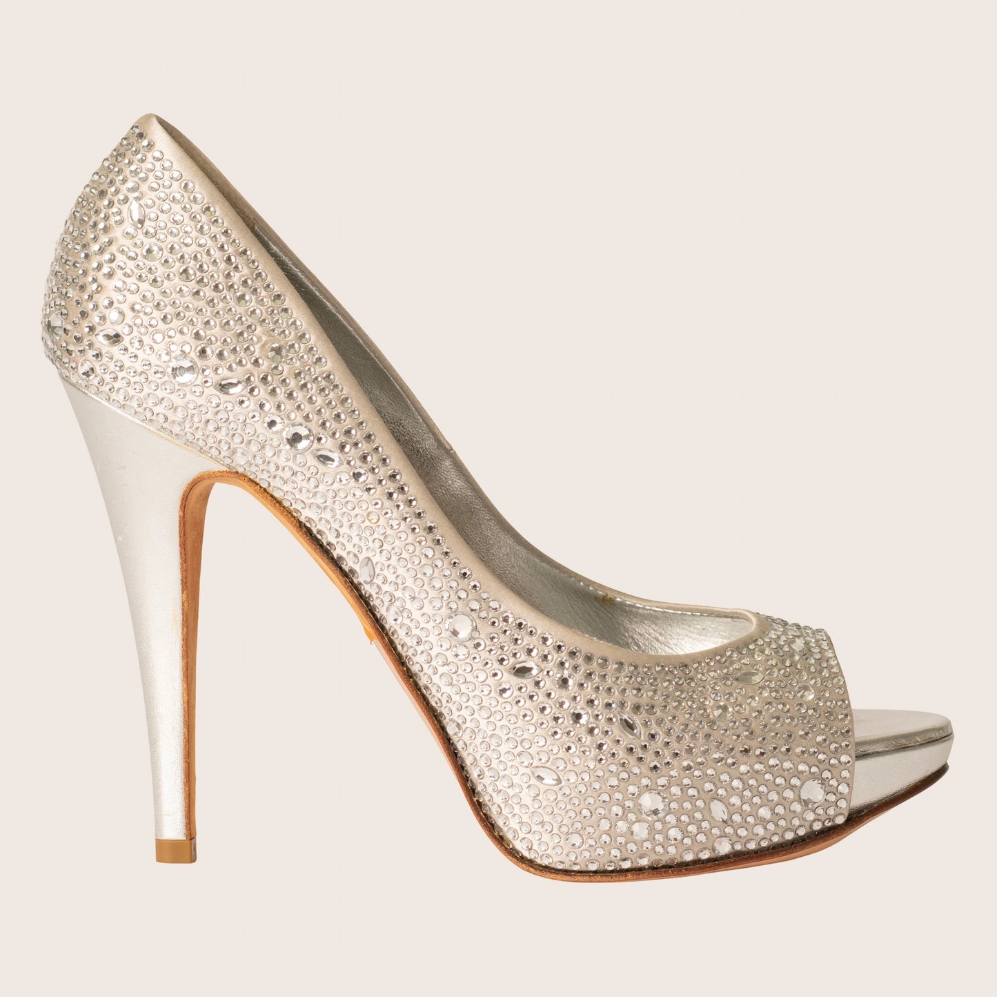 Gina Silver Satin Crystal Embellished Peep Toe Platform Pumps