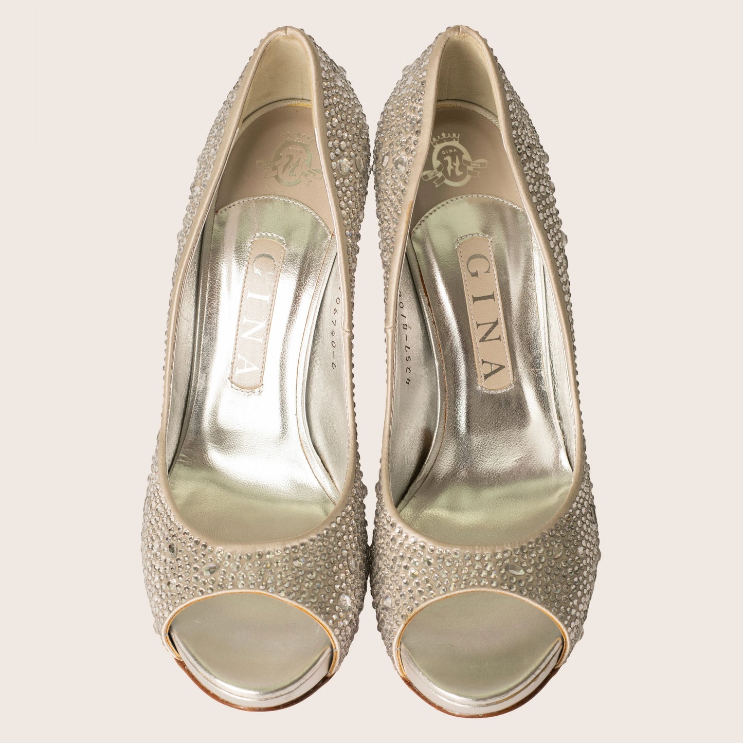 Gina Silver Satin Crystal Embellished Peep Toe Platform Pumps