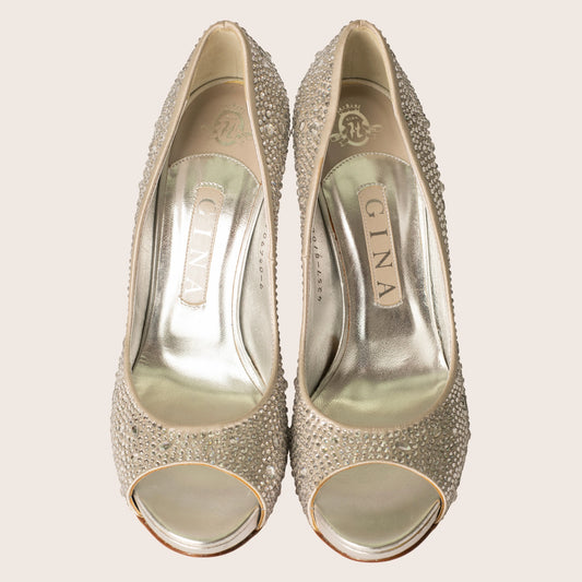 Gina Silver Satin Crystal Embellished Peep Toe Platform Pumps