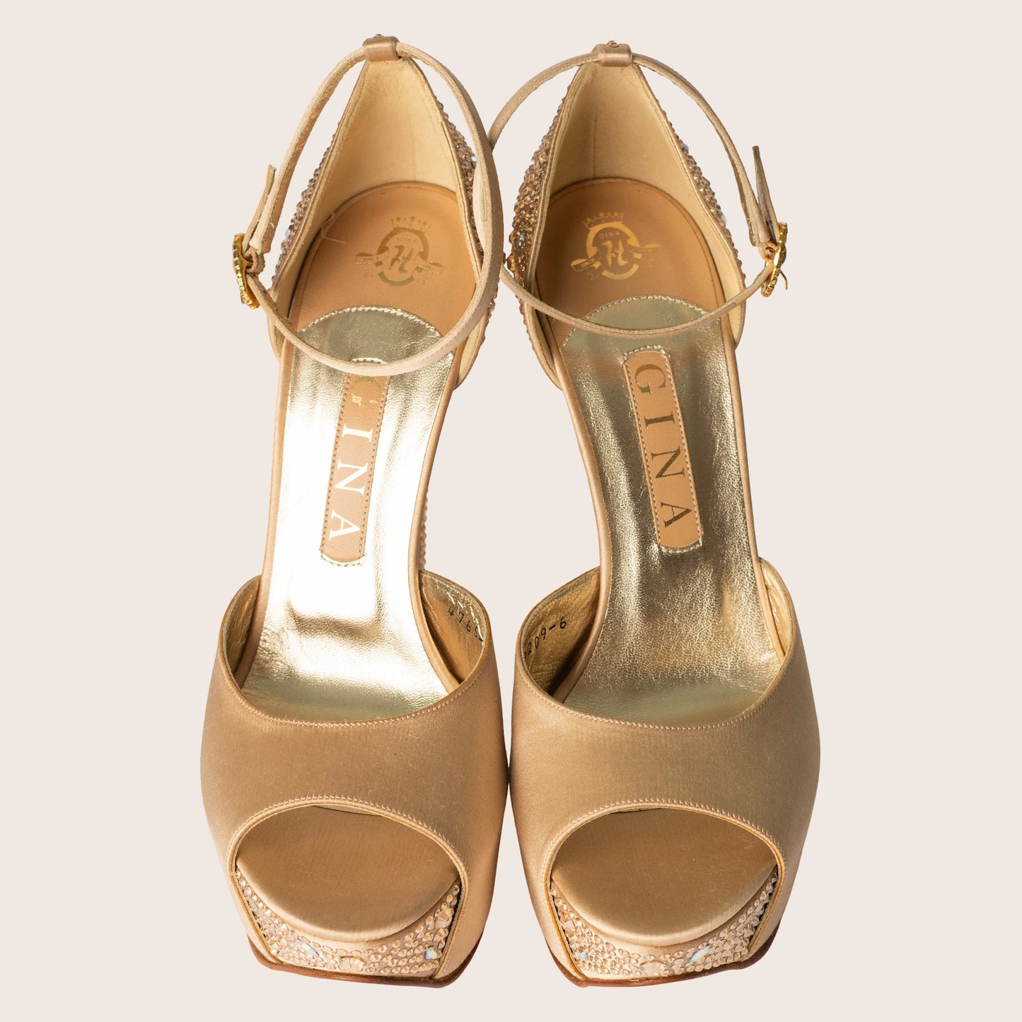Gina Rose Gold Satin Crystal Embellished Peep Toe Platform Pumps