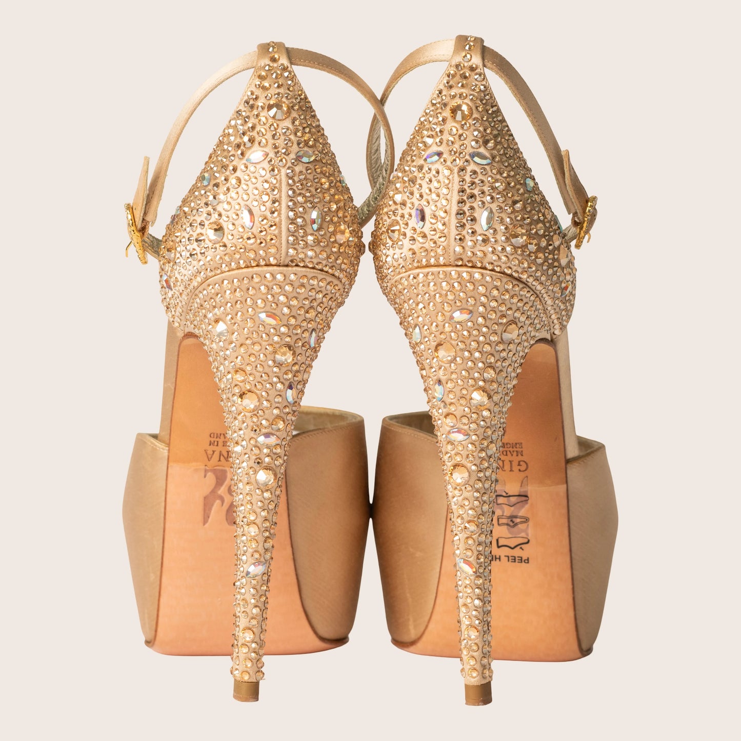 Gina Rose Gold Satin Crystal Embellished Peep Toe Platform Pumps
