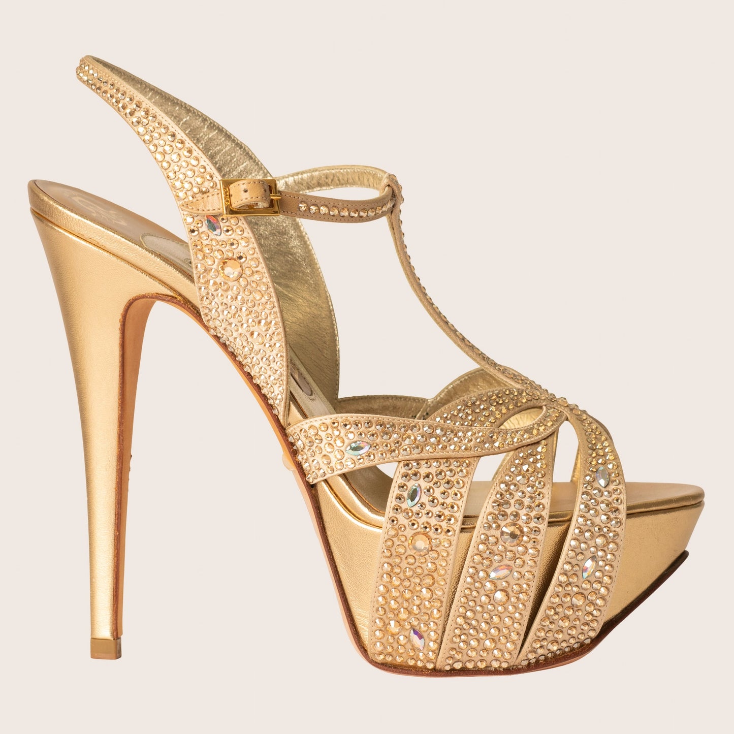 Gina Gold Crystal Embellished Satin T Strap Platform Sandals