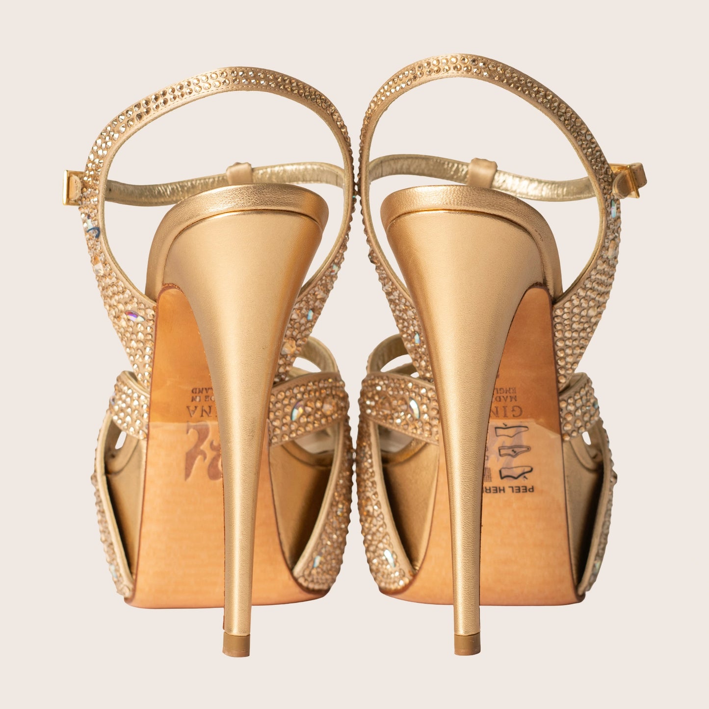 Gina Gold Crystal Embellished Satin T Strap Platform Sandals