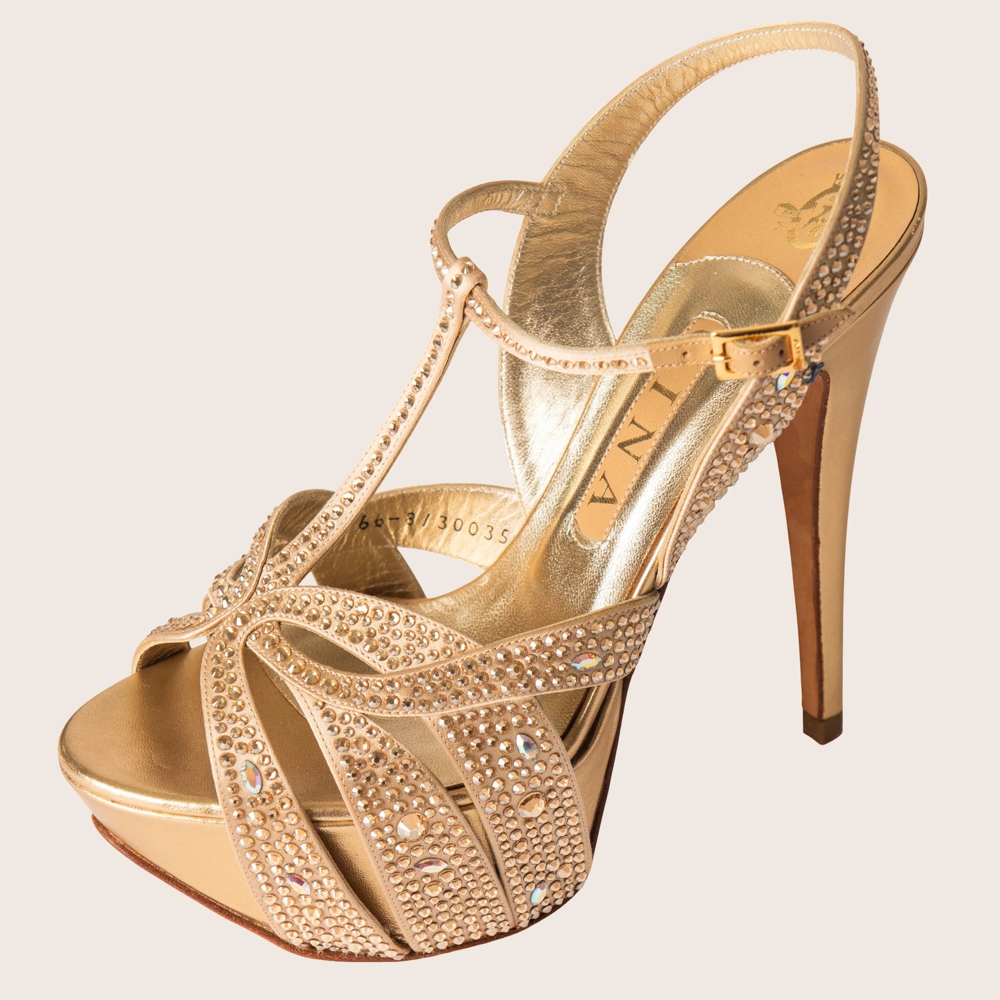 Gina Gold Crystal Embellished Satin T Strap Platform Sandals