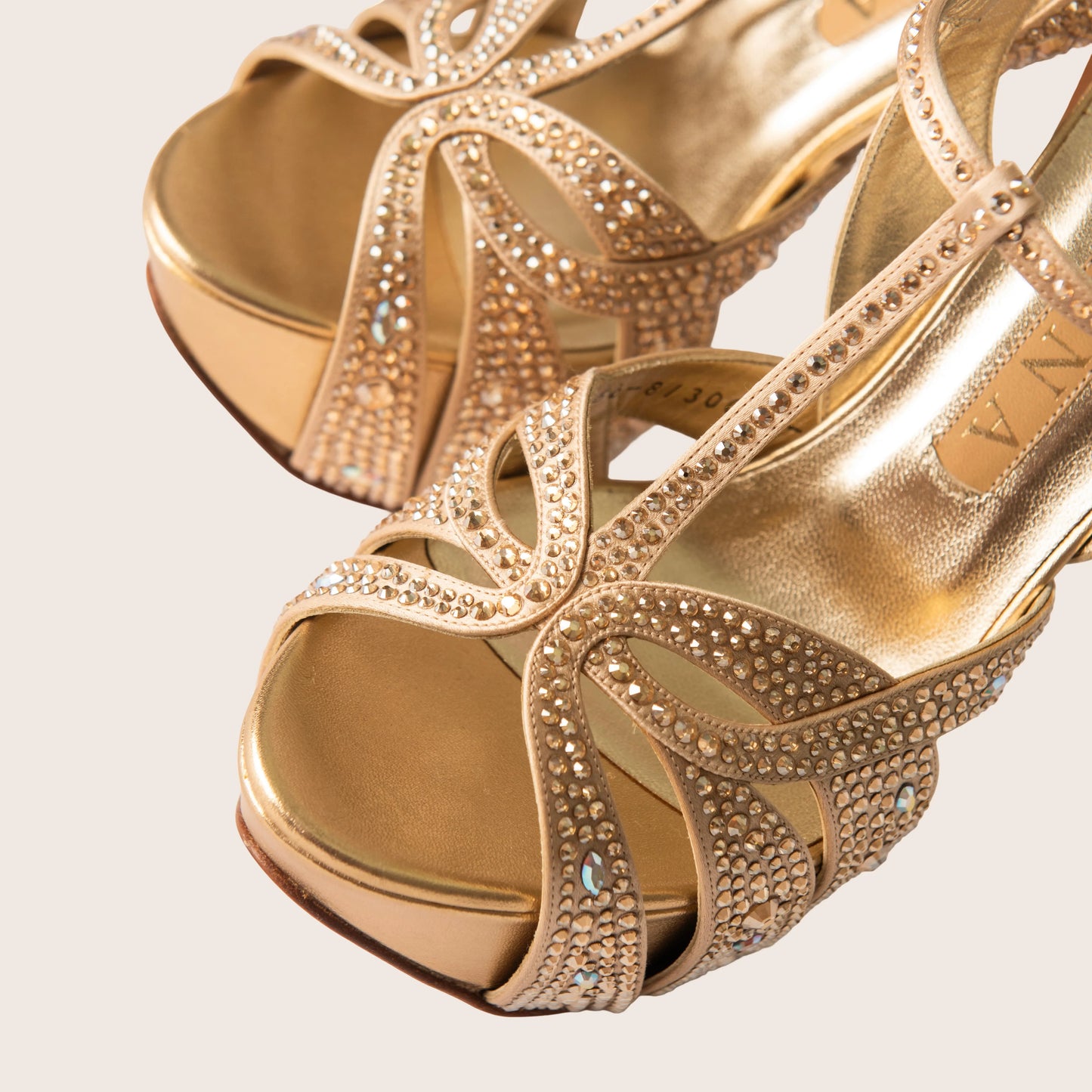 Gina Gold Crystal Embellished Satin T Strap Platform Sandals