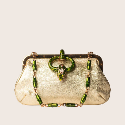 Gucci by Tom Ford Gold Leather & Green Enamel Snake Handbag