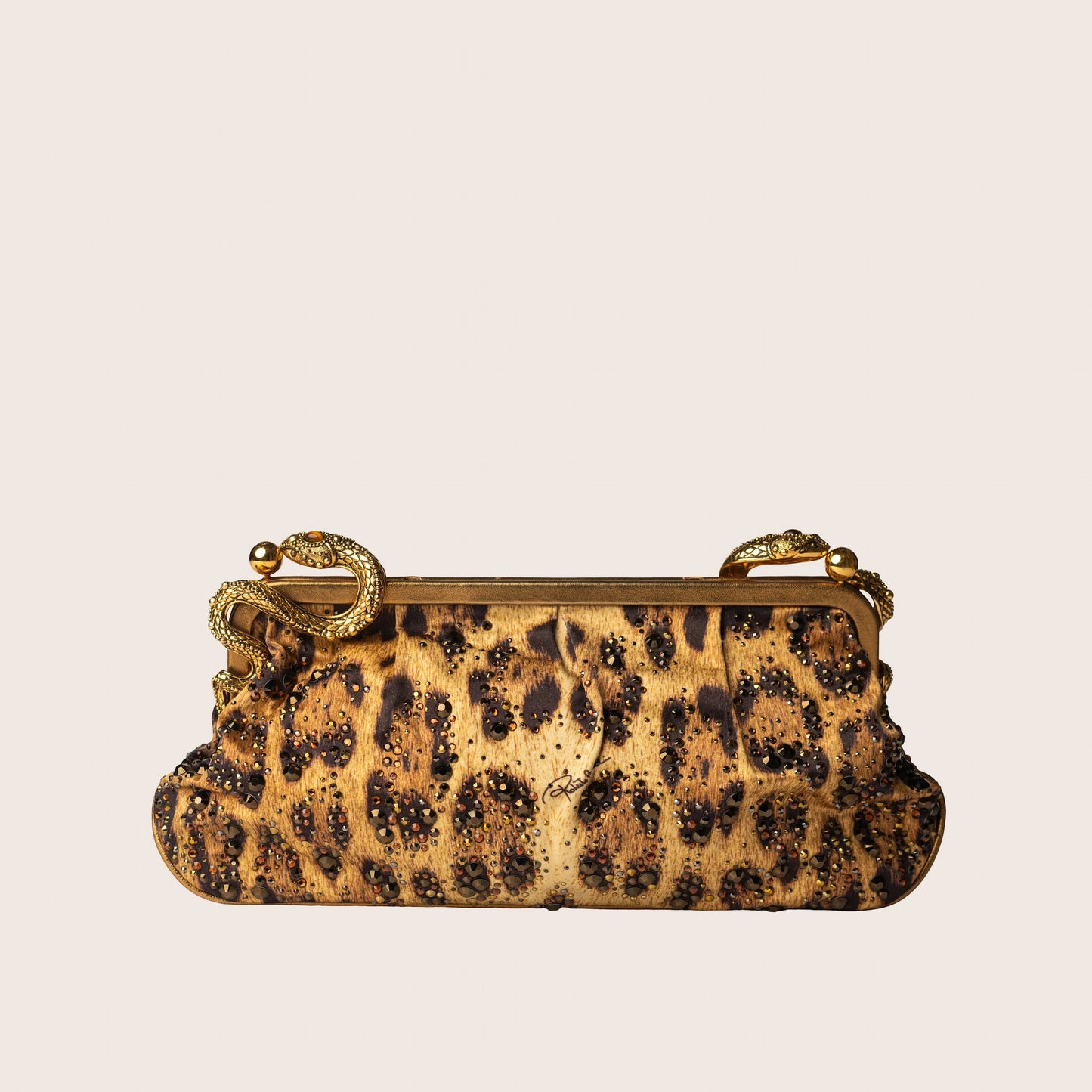 Roberto Cavalli Leopard Print Crystal Snake Clutch