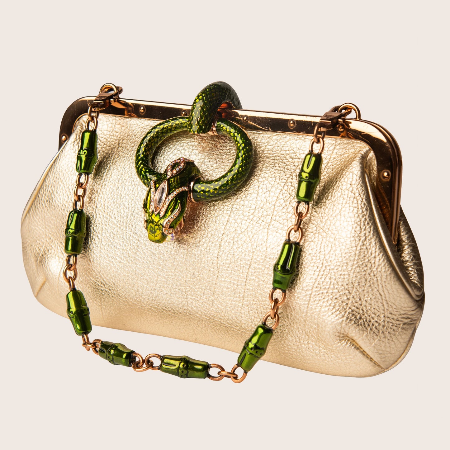 Gucci by Tom Ford Gold Leather & Green Enamel Snake Handbag