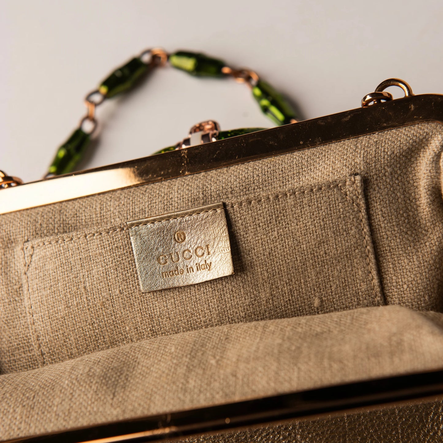 Gucci by Tom Ford Gold Leather & Green Enamel Snake Handbag