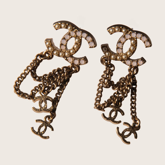 Chanel Vintage Pearl CC Chain Earrings