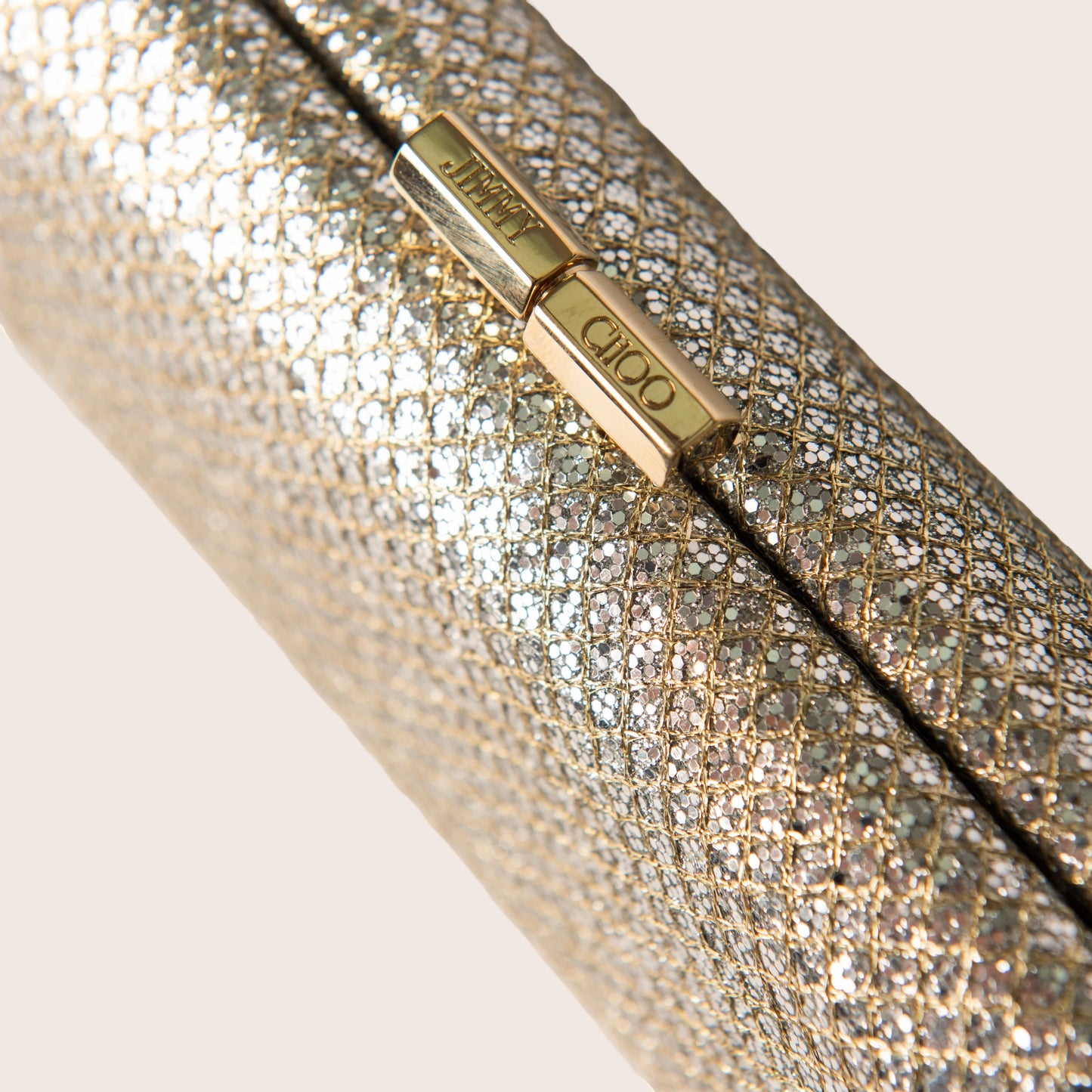 Jimmy Choo Gold Glitter Lurex Fabric Twill Tube Clutch