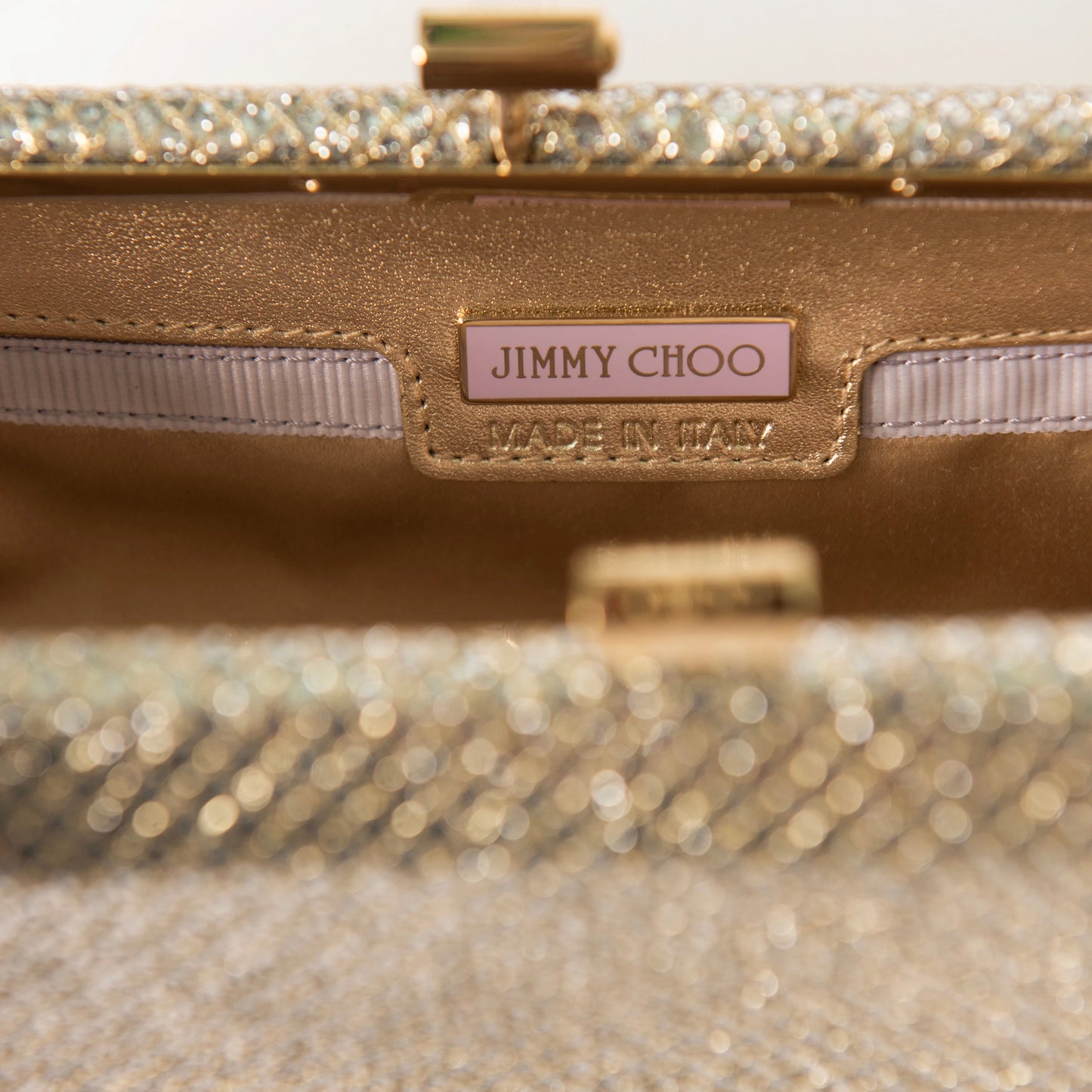 Jimmy Choo Gold Glitter Lurex Fabric Twill Tube Clutch