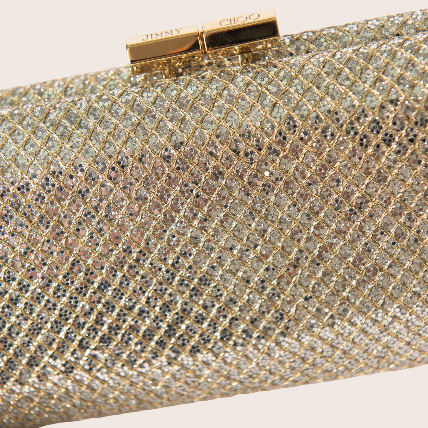 Jimmy Choo Gold Glitter Lurex Fabric Twill Tube Clutch