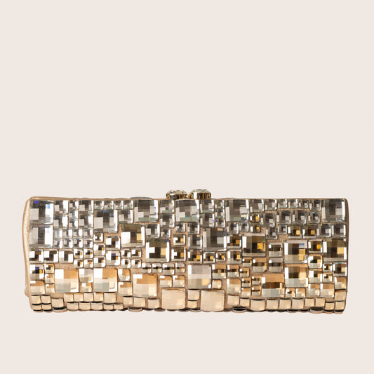 Judith Leiber Champagne Mosaic Clutch with Crystallized Mirror Tile Embellishment