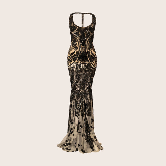 Roberto Cavalli Black & Nude Sequin-Embellished Evening Gown