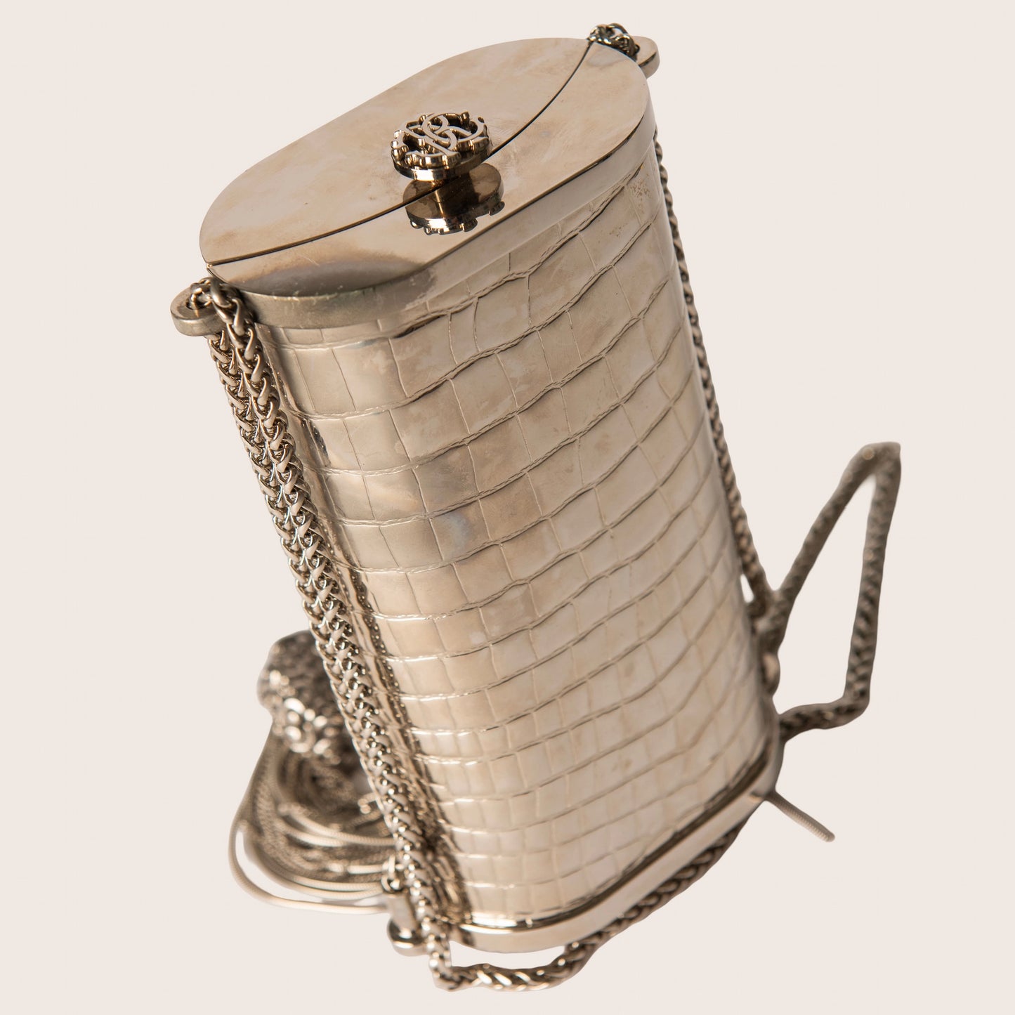 Roberto Cavalli Silver Croc-Embossed Tassel Minaudière