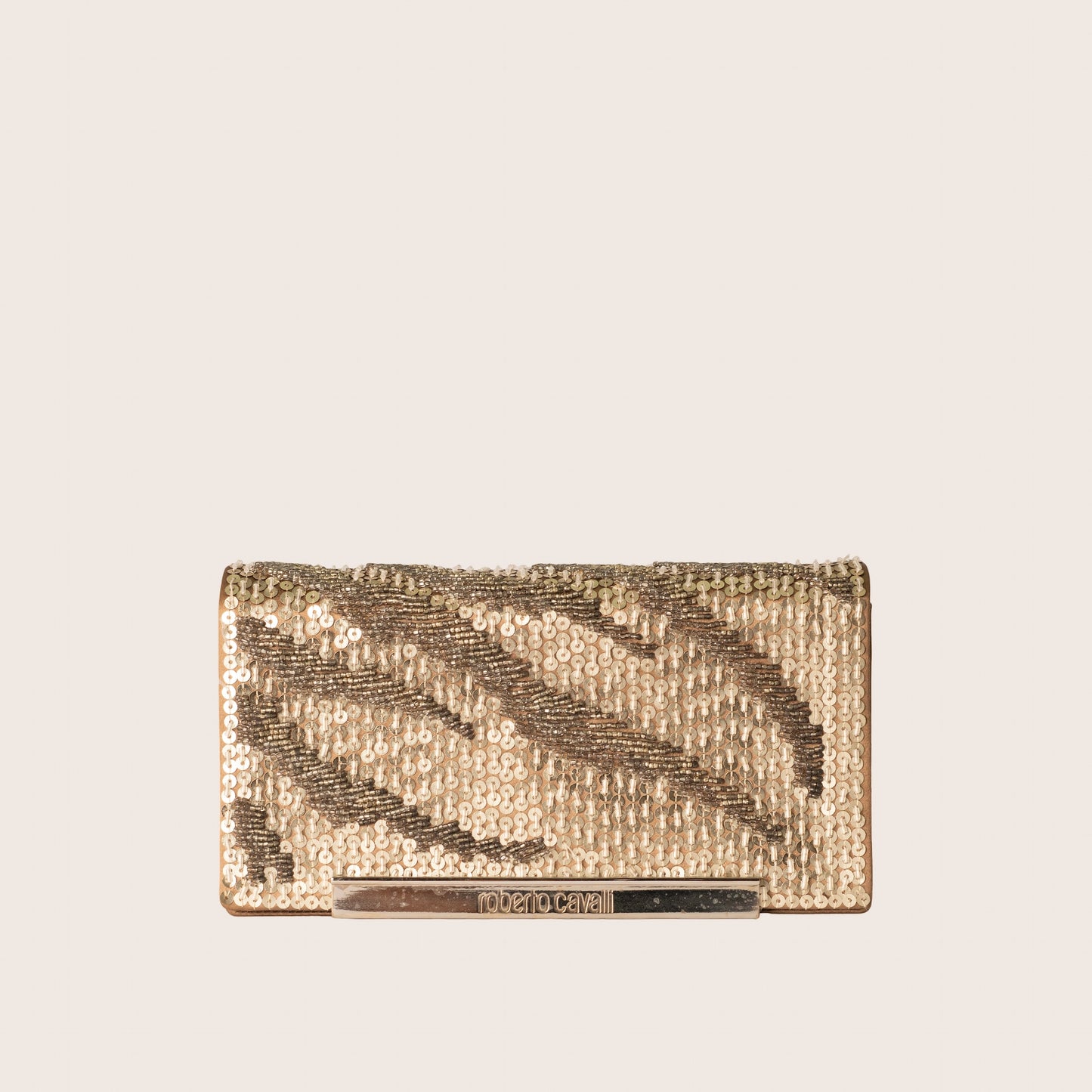 Roberto Cavalli Gold Sequin Zebra Stripe Clutch