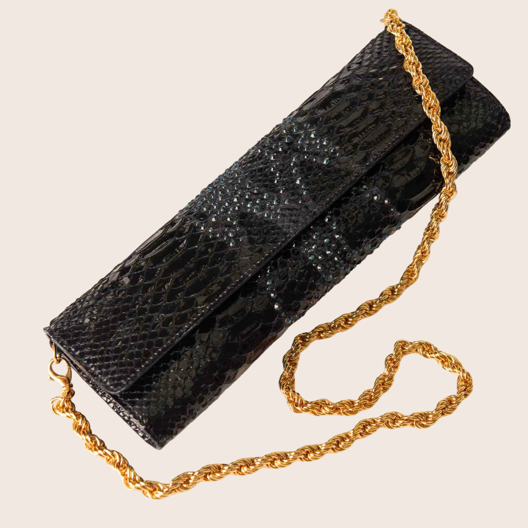 Roberto Cavalli Exotic Black Python-Embossed Clutch in Patent Leather