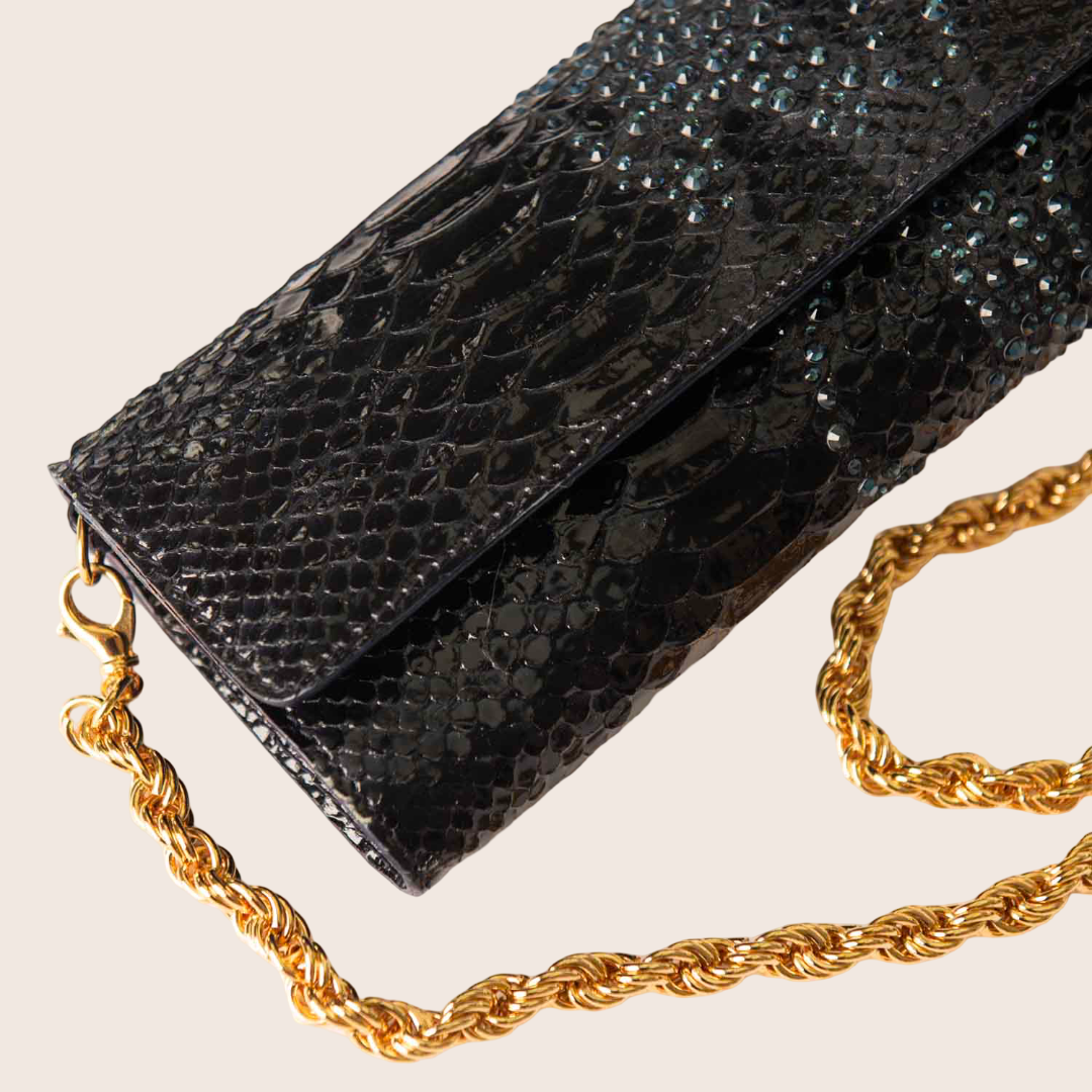 Roberto Cavalli Exotic Black Python-Embossed Clutch in Patent Leather