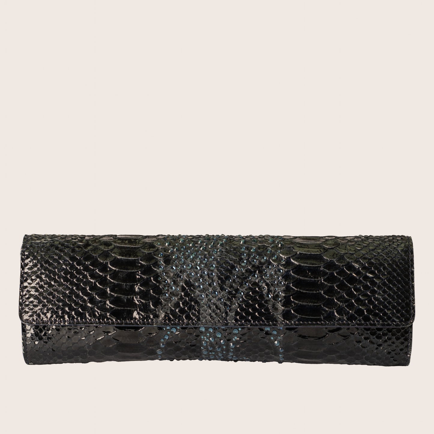 Roberto Cavalli Exotic Black Python-Embossed Clutch in Patent Leather