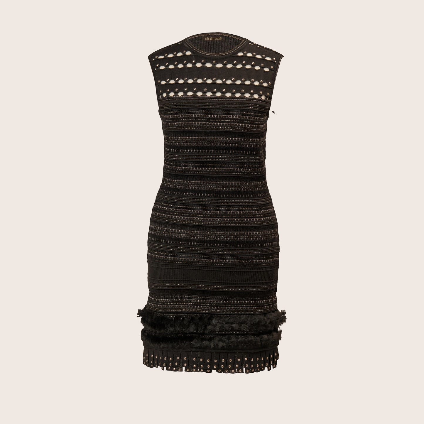 Roberto Cavalli Black Knit Dress with Fur Trim