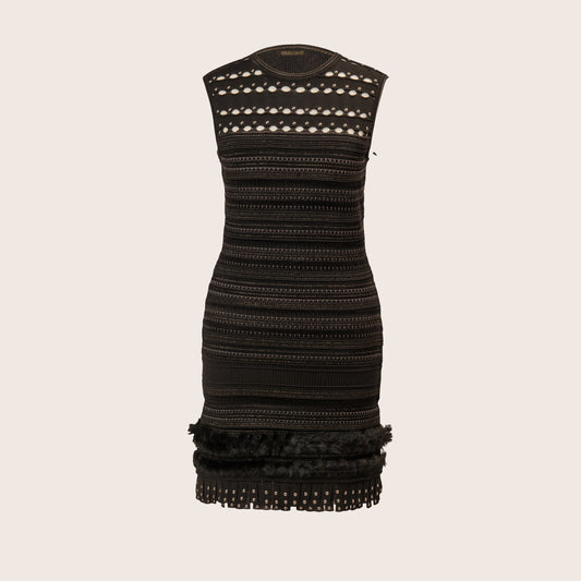 Roberto Cavalli Black Knit Dress with Fur Trim