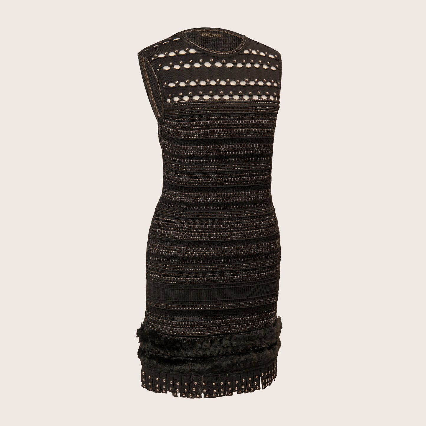 Roberto Cavalli Black Knit Dress with Fur Trim