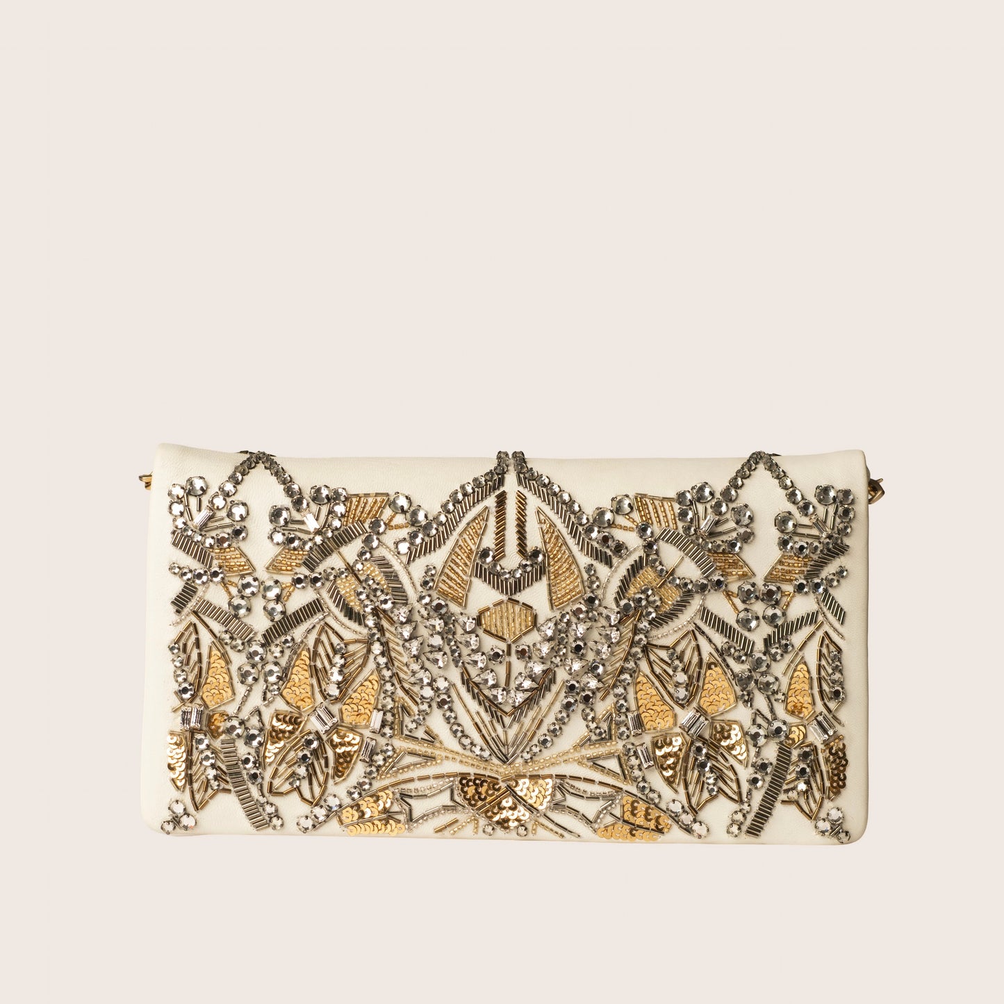 Roberto Cavalli White & Gold Beaded Clutch