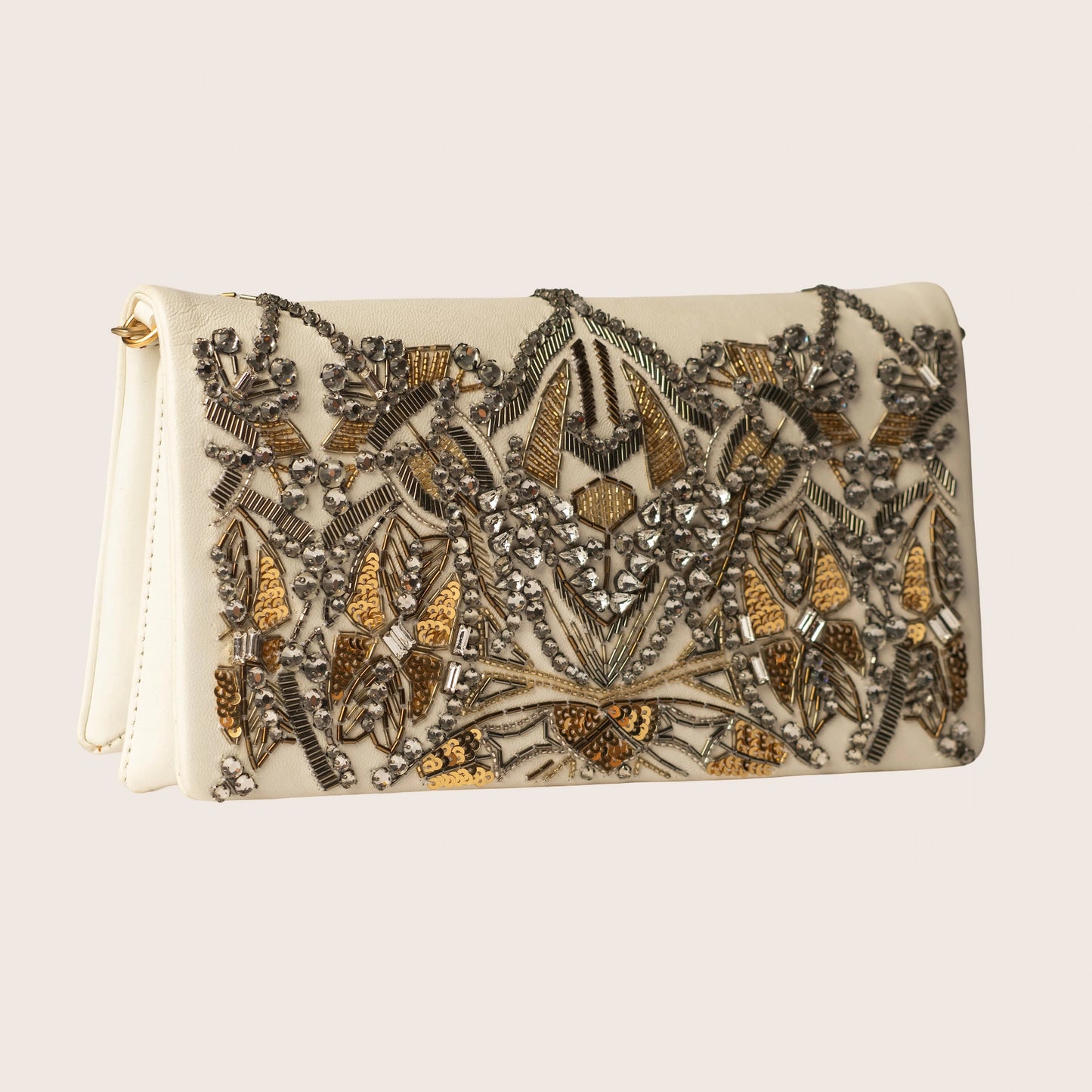 Roberto Cavalli White & Gold Beaded Clutch