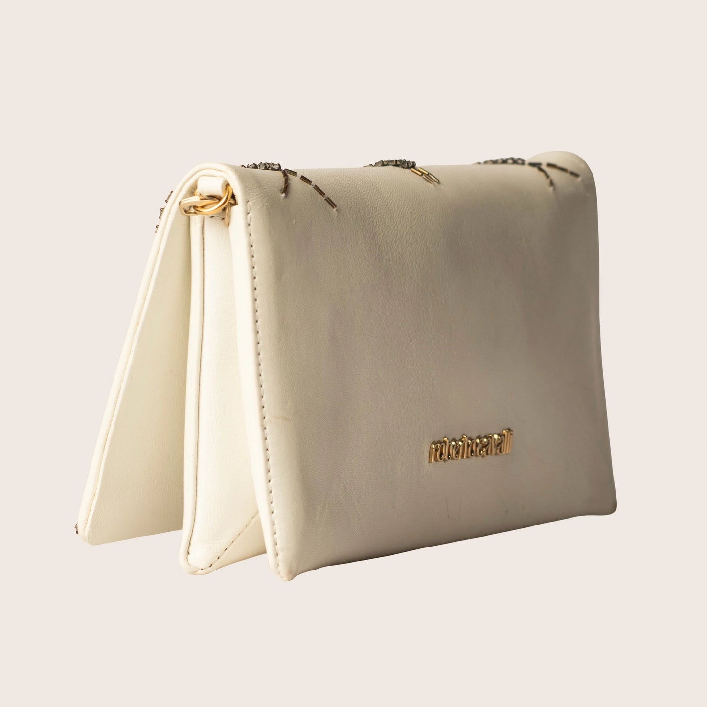 Roberto Cavalli White & Gold Beaded Clutch