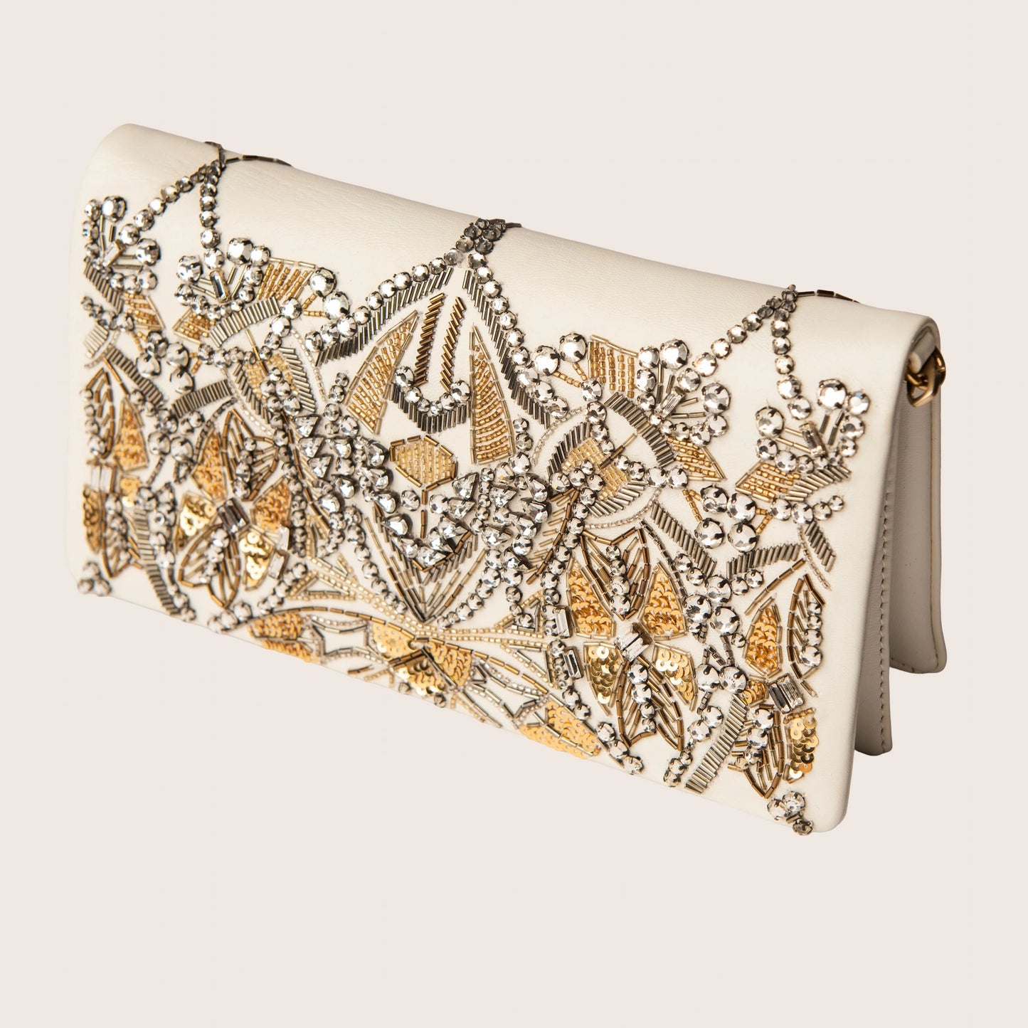 Roberto Cavalli White & Gold Beaded Clutch