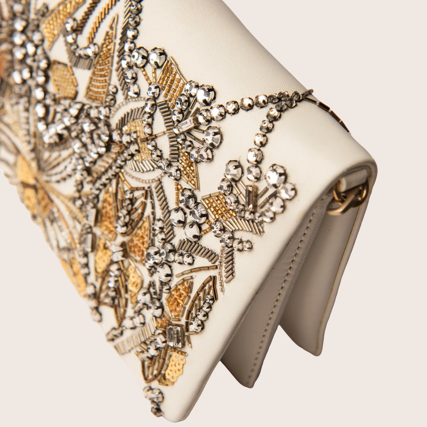 Roberto Cavalli White & Gold Beaded Clutch