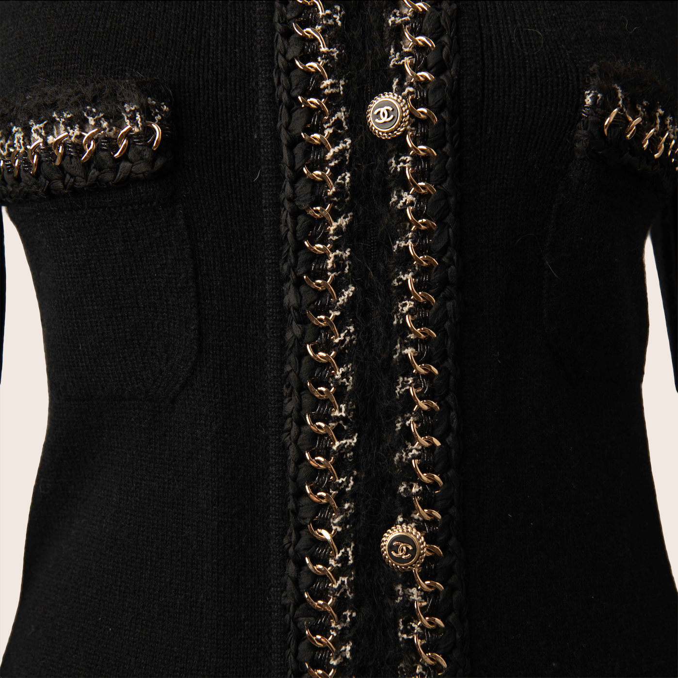 Chanel Black Knit Jacket with Gold Chain Trim