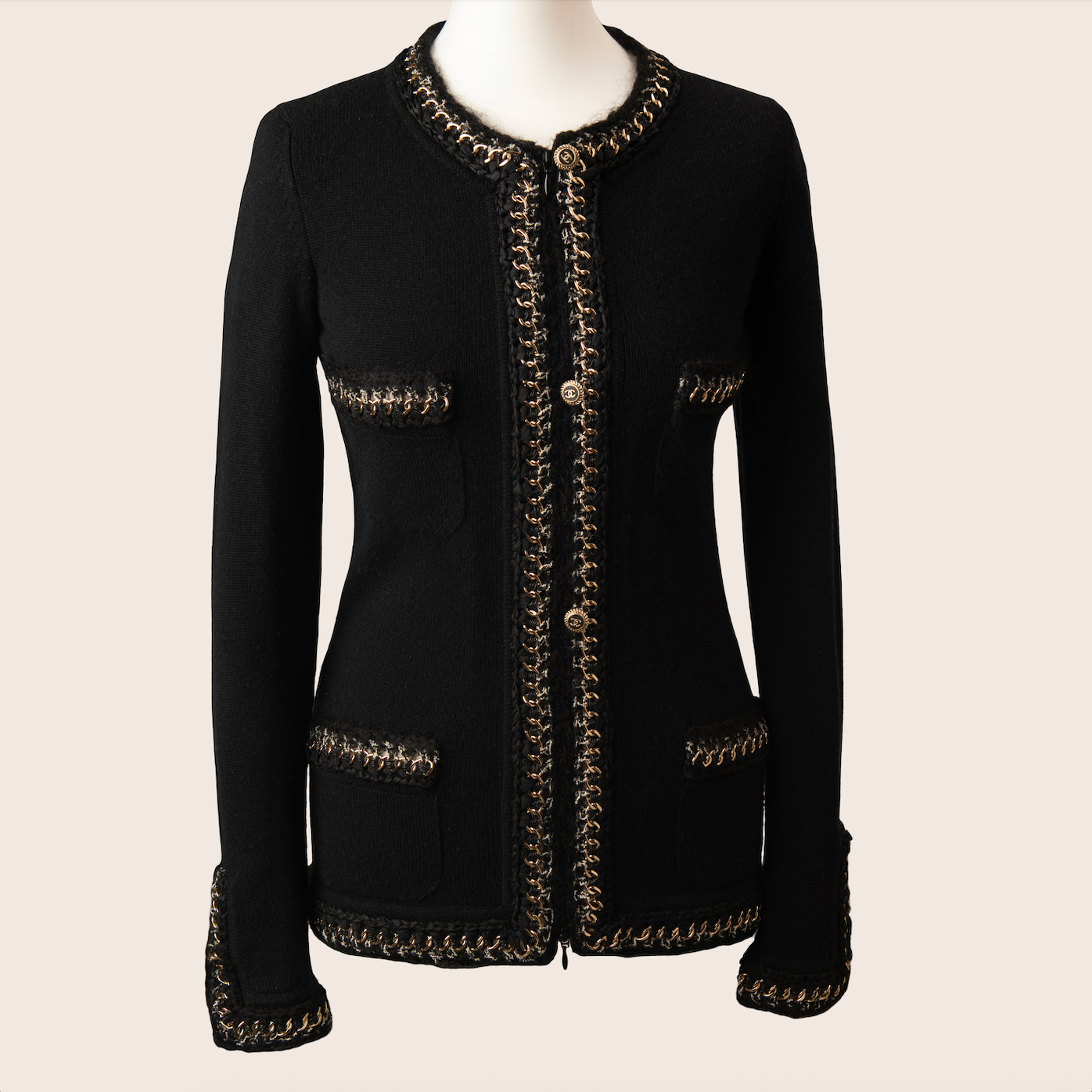 Chanel Black Knit Jacket with Gold Chain Trim