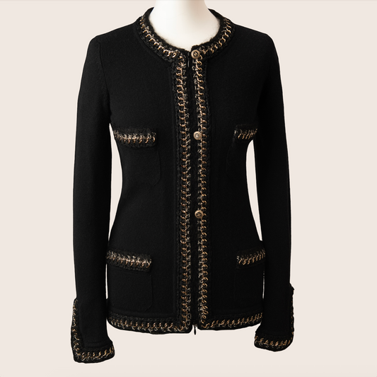 Chanel Black Knit Jacket with Gold Chain Trim