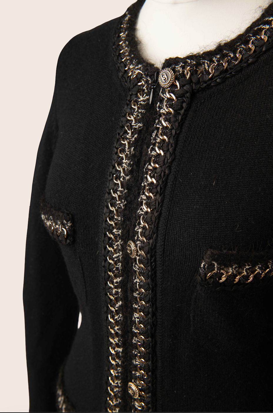 Chanel Black Knit Jacket with Gold Chain Trim