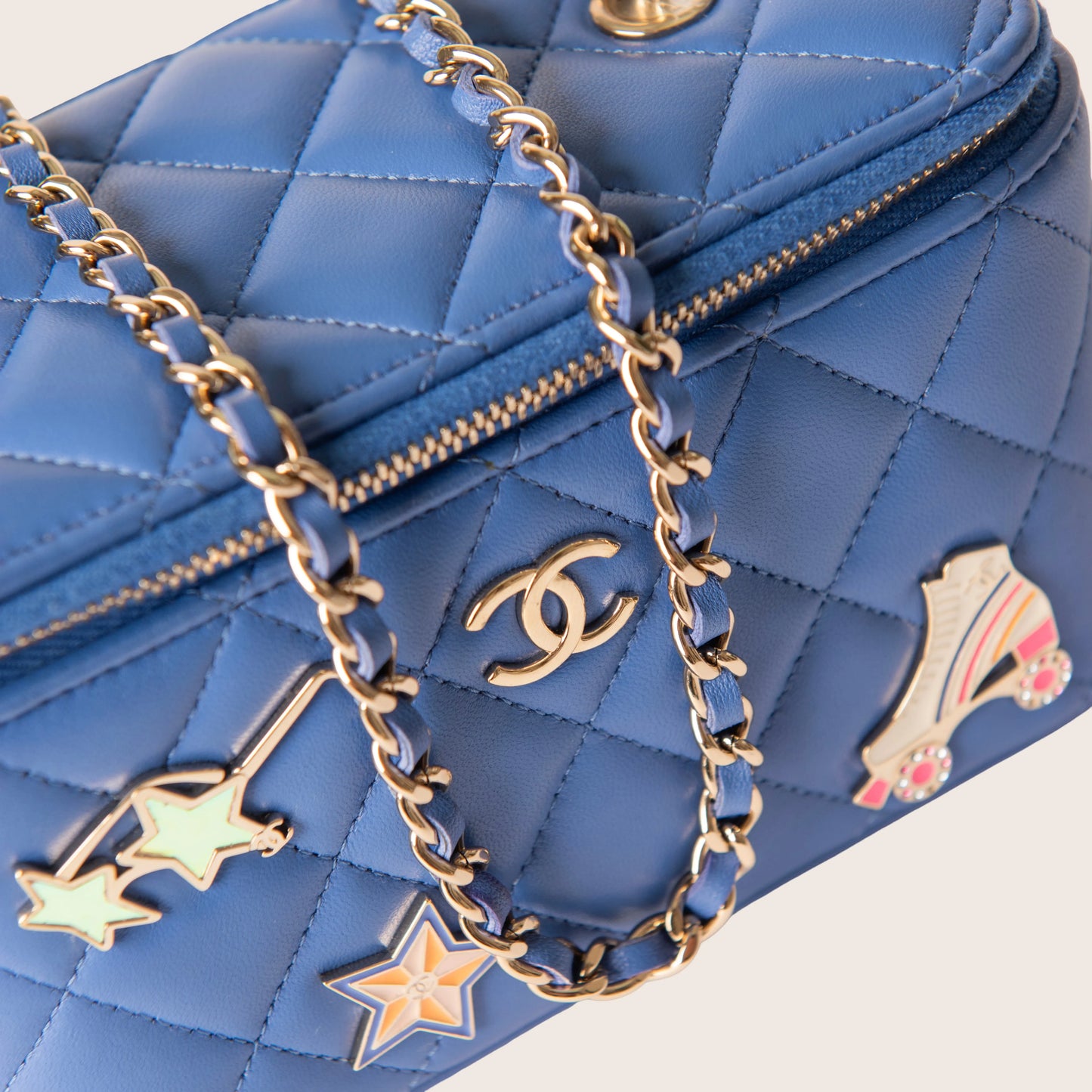 Chanel Blue Quilted Calfskin CC Charm Vanity Case