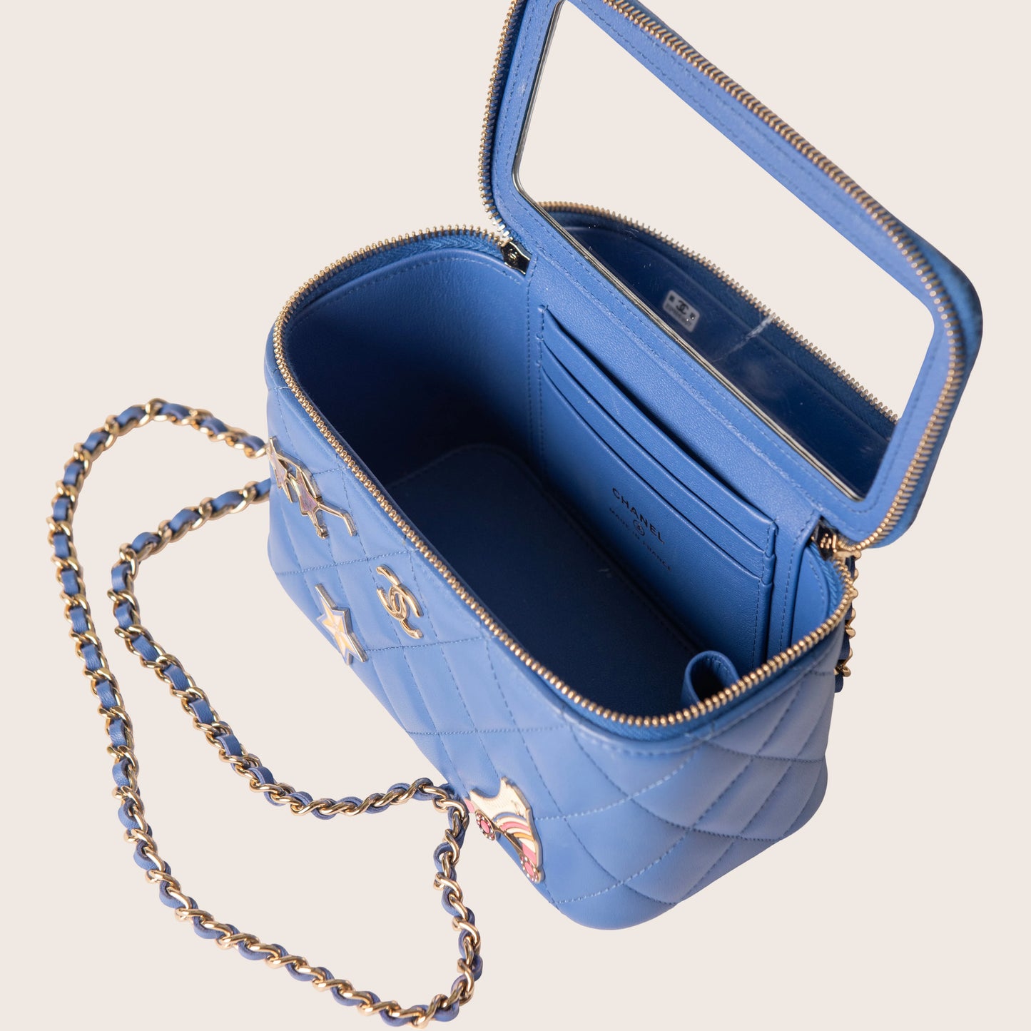 Chanel Blue Quilted Calfskin CC Charm Vanity Case