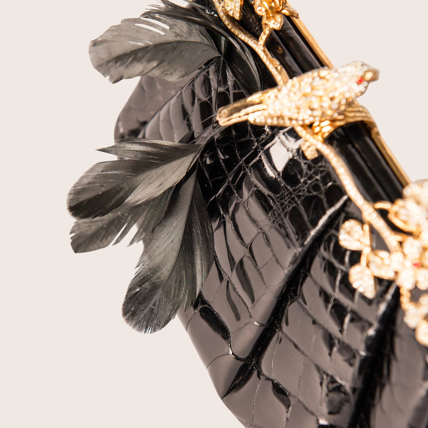 Valentino Black Crocodile Clutch with Crystal Bird Clasp