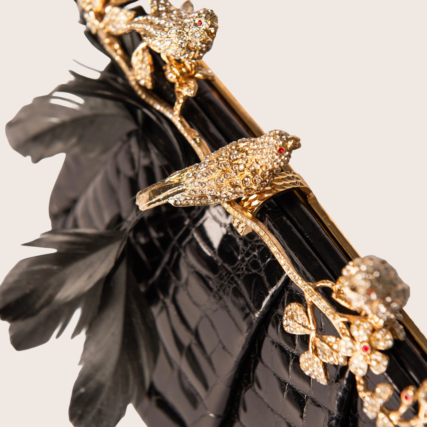 Valentino Black Crocodile Clutch with Crystal Bird Clasp